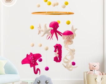 Ocean Felt Baby Mobile: Cot Decor and Crib Toy Gift for a Baby, Featuring Sea Life-Jellyfish , Seahorse, Perfect for Nursery and Baby Shower