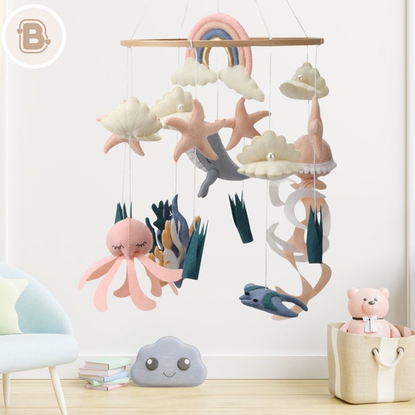 Ocean Felt Baby Mobile: Cot Decor and Crib Toy Gift for a Baby, Featuring Sea Life - Whales, Sharks, Perfect for Nursery and Baby Shower