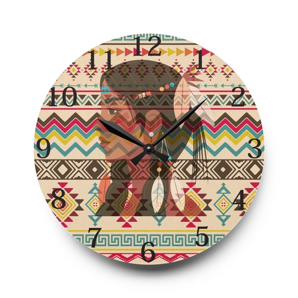 Unique Clocks, Custom Clocks, Native Wall Art, Indian Headdress Clock, Modern Indian Art, American Indian Art, Modern Wall Clock, Boho Clock