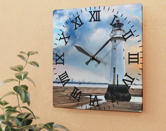 Lighthouse clock, Beach Clock, Custom Clock, Nautical clock, maritime decor, seashore, Lighthouse Wall art, Beachy wall art