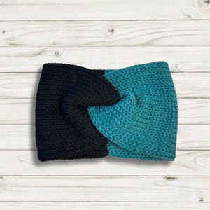 Cozy Knit Twisted Headband - Adult Size - Winter Ear Warmer - Gift Idea - Game Days - Two Toned - Black and Teal Ear Warmer
