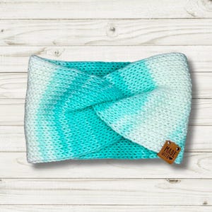 One of a Kind Cozy Knit Twisted Headband - Adult Size - Winter Ear Warmer - Gift Idea - Faux Leather Tag - Mint and White Ear Warmer
