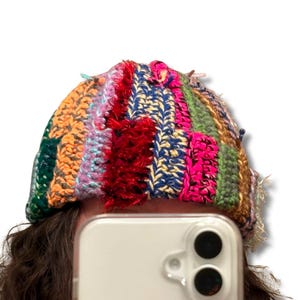 Scrap Yarn Handmade Crochet Skull Cap Beanie w/ Brim, Adult Size, Unisex, Trendy, Random Color Mix, Beanie, Scrapped Salvage Beanie