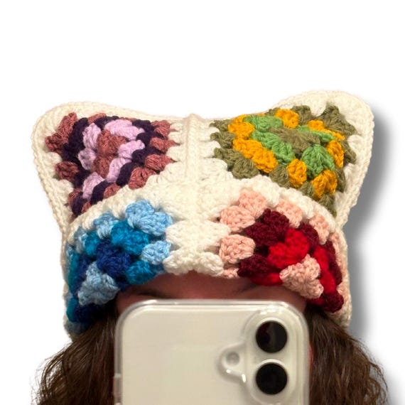 Handmade Trendy Granny Square Cat Beanie - Unisex - Cat Ear Beanie - Trendy Beanies - Gift Idea - White Border
