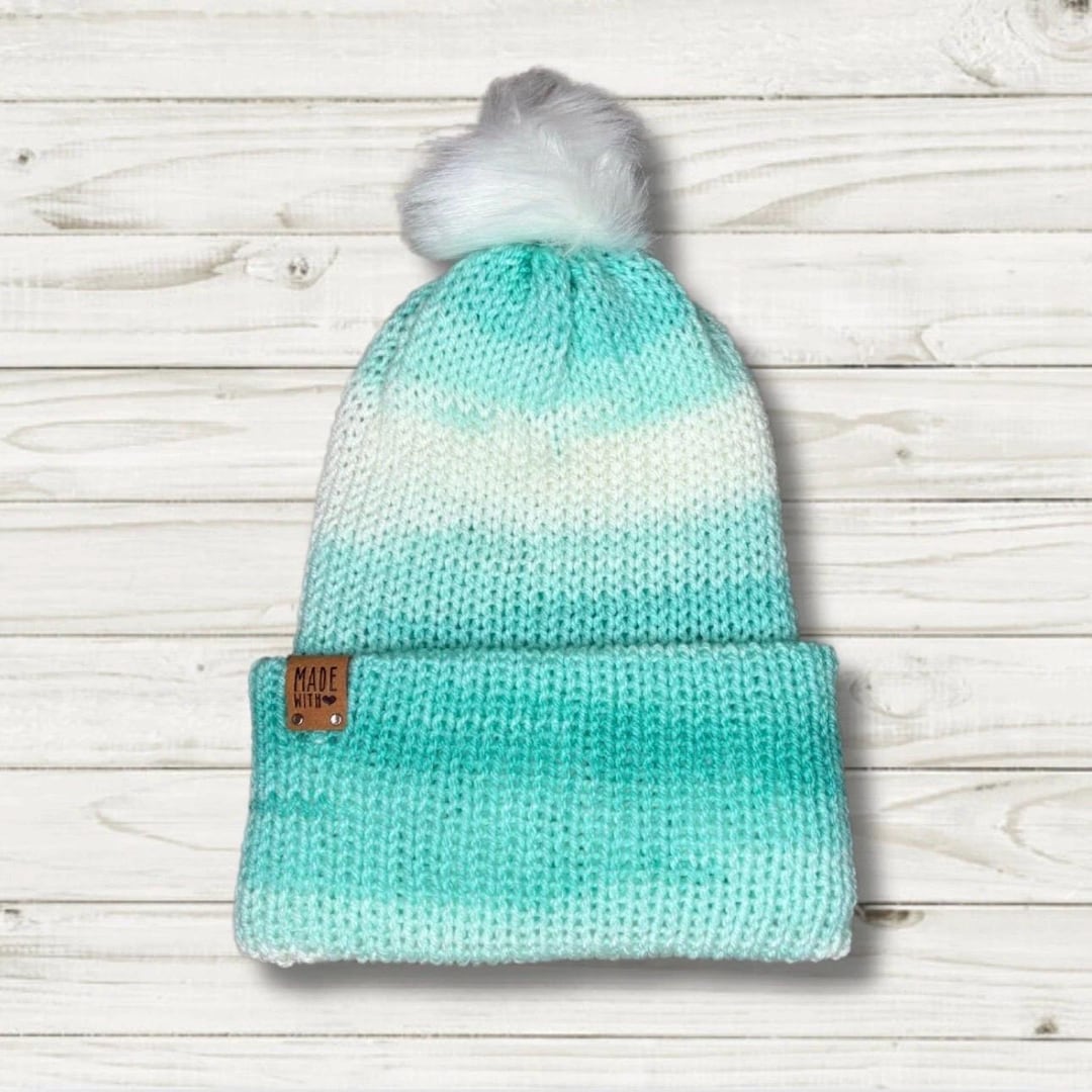 Blue and White Ombre Knit Beanie With Detachable Faux Fur  display picture 2