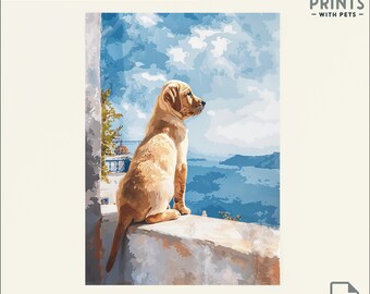 Greek Island Golden Retriever Print for Golden Lab Moms, Labrador Print for Yellow Labrador Dog Owners, Puppy wall art, Digital Download