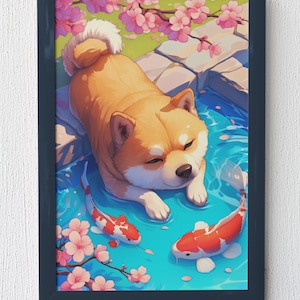 柴犬のウォールアート、柴犬のプリント、鯉のプリント、アニメのウォールアート、柴犬愛好家、デジタルダウンロード