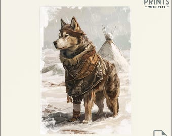 May include: A brown and white wolf wearing a brown and tan patterned cloak stands in a snowy landscape. The wolf is looking to the left of the image. There is a small white teepee behind the wolf.