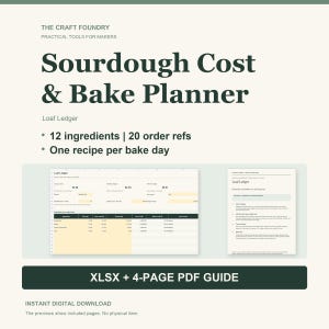 Può includere: Uno strumento digitale Sourdough Cost & Bake Planner di The Craft Foundry. Include un foglio di calcolo Loaf Ledger con 12 ingredienti e 20 riferimenti d'ordine, più una guida PDF di 4 pagine. Testo verde scuro su sfondo color crema.