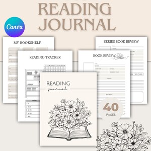 Peut inclure: Un journal de lecture imprimable de 40 pages. La couverture présente une illustration en noir et blanc d'un livre surmonté de fleurs. Le journal comprend des sections pour suivre les livres lus, une bibliothèque et des critiques de livres.