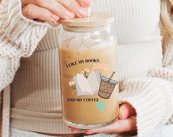 Pittige boeken & ijzige koffie, Sipper Glass, 16oz, Tumbler, Iced Coffee Lover, Book Lover Iced Coffee Glass, Glass Tumbler, Coffee Lover,