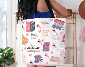 AOP Tote Bag, Boeken Print Tote, Boekenliefhebber Tote, Tote Bag, Herbruikbare Tote Bag, Reistas, Cadeau, Cadeau voor haar, Boekenliefhebber, Leeszucht, Boekentas