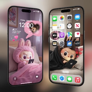 2 Img Labubu Romantyczne Myśli Tapeta na iPhone'a | Słodka Para Ekran Blokady | Pop Mart Miłość Estetyka | Tło Androida | Natychmiastowe Pobieranie