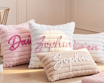 Custom Name Ribbed Plush Throw Pillow, Soft Personalized Cushion for Sofa Bedroom Living Room Home Decor Gift