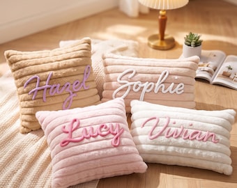 Custom Name Ribbed Plush Throw Pillow, Soft Personalized Cushion for Family Room Custom Living Space Decor Gift