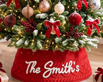 Custom Name Knit Tree Collar for Christmas Tree, Reusable Christmas Tree Ring, Family Holiday Mantel Decor Gift