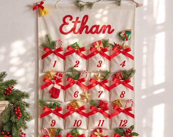 Custom Family Name Christmas Advent Banner, 24 Pocket Reusable Countdown Wall Hanging Decor