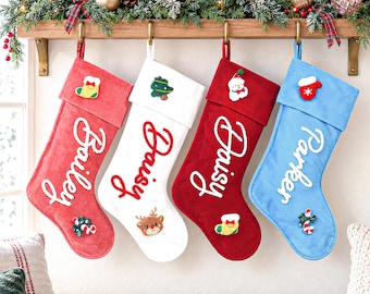 Personalized Velvet Christmas Stocking with Yarn Name, Custom Family Stocking with Festive Icons, Vibrant Holiday Mantel Decor