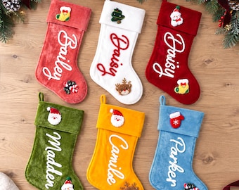Personalized Velvet Christmas Stocking with Yarn Lettering, Custom Stocking with Festive Icons, 12 Colors Holiday Gift