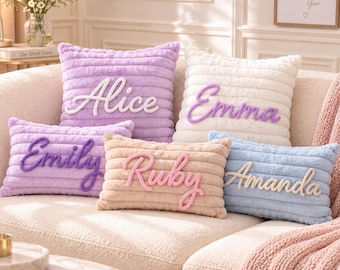 Custom Name Ribbed Plush Throw Pillow, Soft Personalized Cushion for Housewarming New Home Family Room Decor Gift