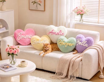 Custom Name Heart Pillow, Plush 3D Yarn Throw Cushion, Bedroom Decor, Personalised Gift for Bestie Daughter Girlfriend