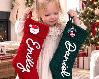Custom Family Christmas Stockings: Personalized Knit Stocking with Yarn Name & Icons, Holiday Mantel Decor Gift