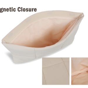 May include: Off-white, quilted bag with a magnetic closure. The interior is a light peach color. The words "Magnetic Closure" are printed at the top of the image.