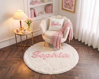 Bespoke Little Girl Round Fluffy Carpet, Custom Name Plush Rug, Meaningful Baby Shower & Girl Birthday Gift