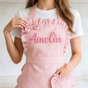 Custom Name Pink Apron : Ruffled Heart Pocket, Baking Lover Gift, Mother's Day