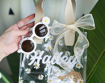 Bolsa de margaridas personalizada para florista, bolsa de presente para florista, bolsa de presente transparente personalizada com fita, óculos de sol para florista, proposta de dama de honra