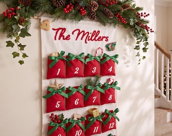 24 Day Christmas Countdown Advent Calendar, Personalized Family Name Fabric Banner with Plush Icons