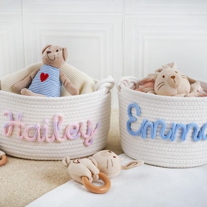Babyparty-Korb, kundenspezifischer IvoryCream Baby-Korb, reizender Blumenmuster-Korb mit Namen, Baumwollkorb, personalisierter Name Seil-Korb