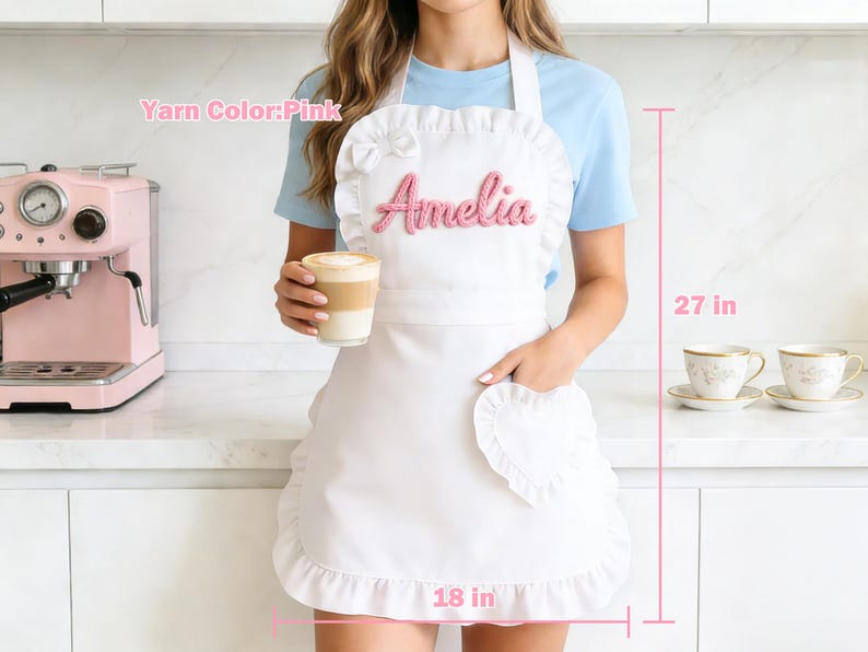 Custom Name Pink Apron : Ruffled Heart Pocket, Baking Lover Gift ...
