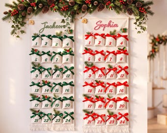 Personalized 24 Pocket Christmas Advent Banner, Handmade Yarn Name Fabric Wall Hanging