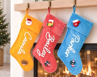 Personalized Velvet Christmas Stocking with Yarn Name, Custom Family Stocking with Festive Icons, Vibrant Holiday Mantel Decor