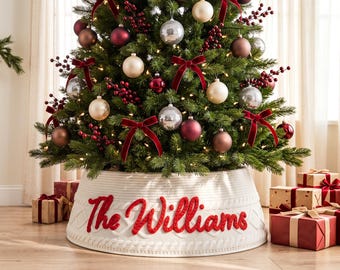 Personalized Knitted Christmas Tree Collar, Custom Family Name Tree Ring, Christmas Tree Base Decor, Holiday Home Decoration