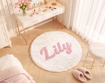 Personalized Little Girl Round Fluffy Rug, Custom Name Non‑Slip Plush Carpet, Baby Shower Keepsake Presen