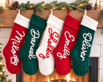 Personalized Knitted Family Christmas Stocking: Custom Name & Festive Icons