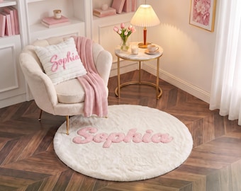 Custom Round Plush Girls Rug, Personalized Textured Yarn‑Name Carpet, Little Girl Bedroom & Nursery Decor Gift