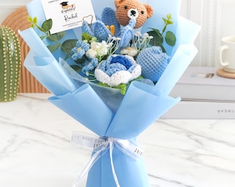 Custom Graduation Crochet Bouquet with Personalized Bear | Kindergarten Preschool Grad Gift for Daughter | Eternal Floral Keepsake