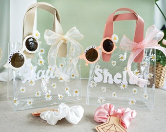 Sacola de presente com nome para proposta de florista, bolsa de margaridas personalizada para florista, bolsa de presente transparente personalizada com fita, óculos de sol para florista
