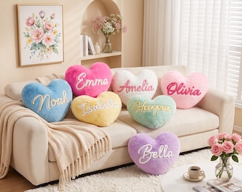 Personalized 3D Yarn Heart Pillow, Custom Name Cushion, Cozy Bedroom Decor