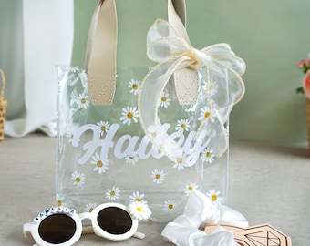 Sacola de presente com nome para proposta de florista, bolsa de margaridas personalizada para florista, bolsa de presente transparente personalizada com fita, óculos de sol para florista
