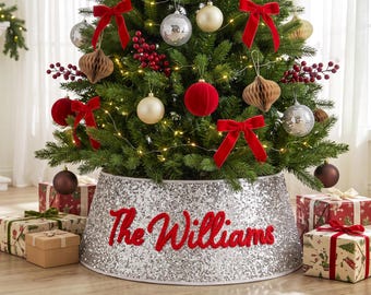 Custom Name Knit Christmas Tree Collar, Reusable Holiday Mantel Decor