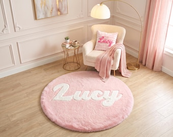 Soft Custom‑Name Round Rug for Girls, Raised Yarn Letter Plush Floor Mat, Girl Bedroom & Playroom Decor