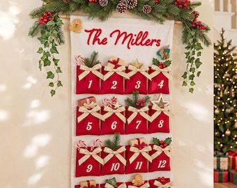 Reusable Hanging Christmas Advent Calendar, Custom Name Holiday Wall Decor with 24 Pouches