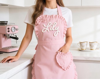 Personalized Pink Ruffle Apron: Heart Pocket Apron, Gift for Baker, Mom, Bride