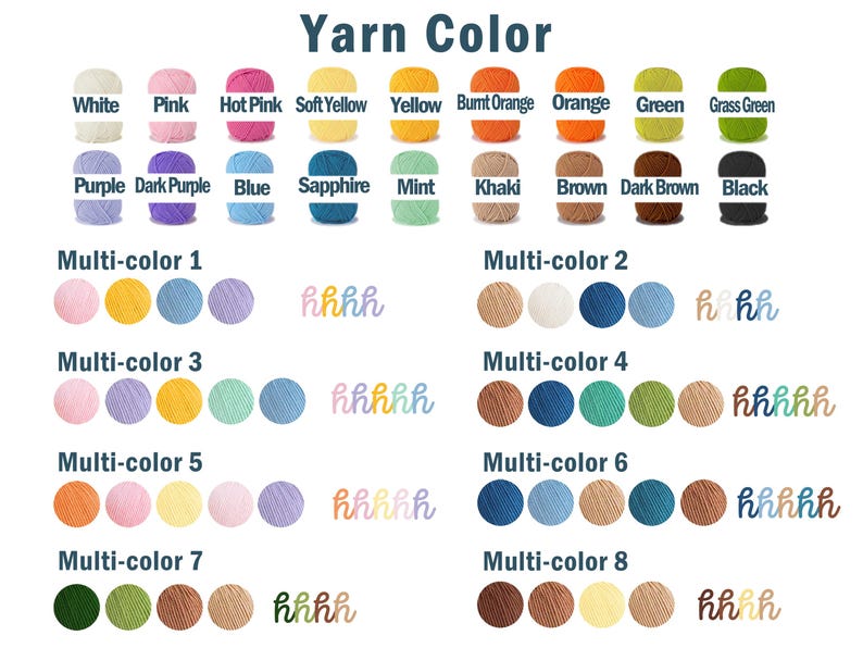 May include: A color chart titled "Yarn Color" displays various yarn colors, including white, pink, and yellow, along with multi-color options. The chart includes text labels for each color, such as "Hot Pink" and "Burnt Orange."