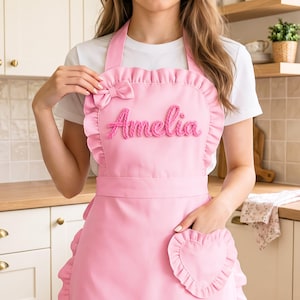 Custom Name Pink Apron : Ruffled Heart Pocket, Baking Lover Gift, Cooking Hobby Decor Gift
