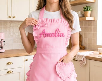 Roze schort met gepersonaliseerde naam: gegolfd hartvormig zakje, cadeau voor bakliefhebbers, decoratiecadeau voor kookhobbyisten